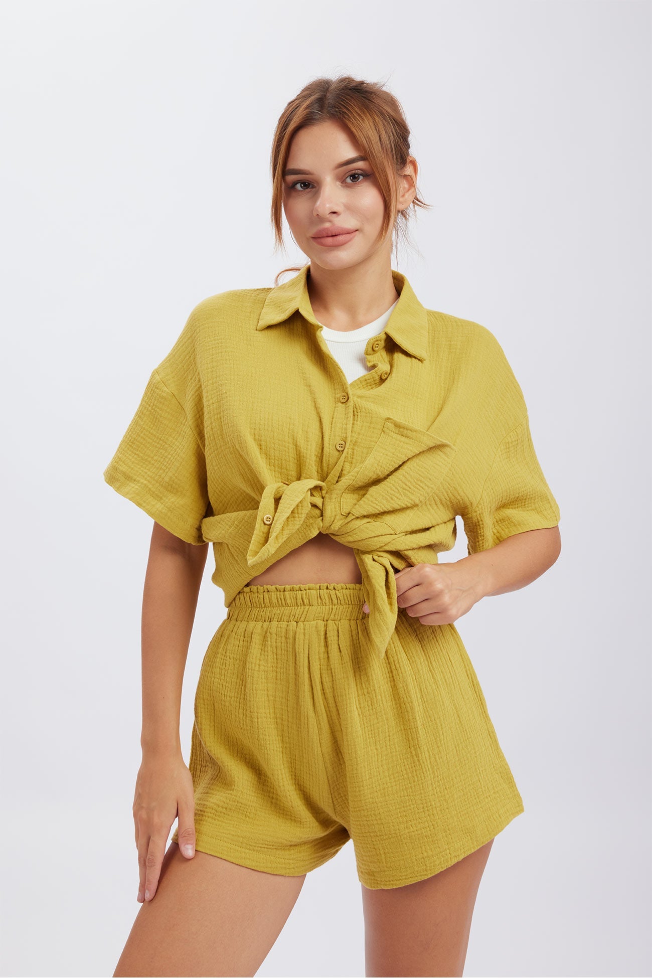 Solid Color Short Sleeve Shirt Cotton Two-piece Shorts Set