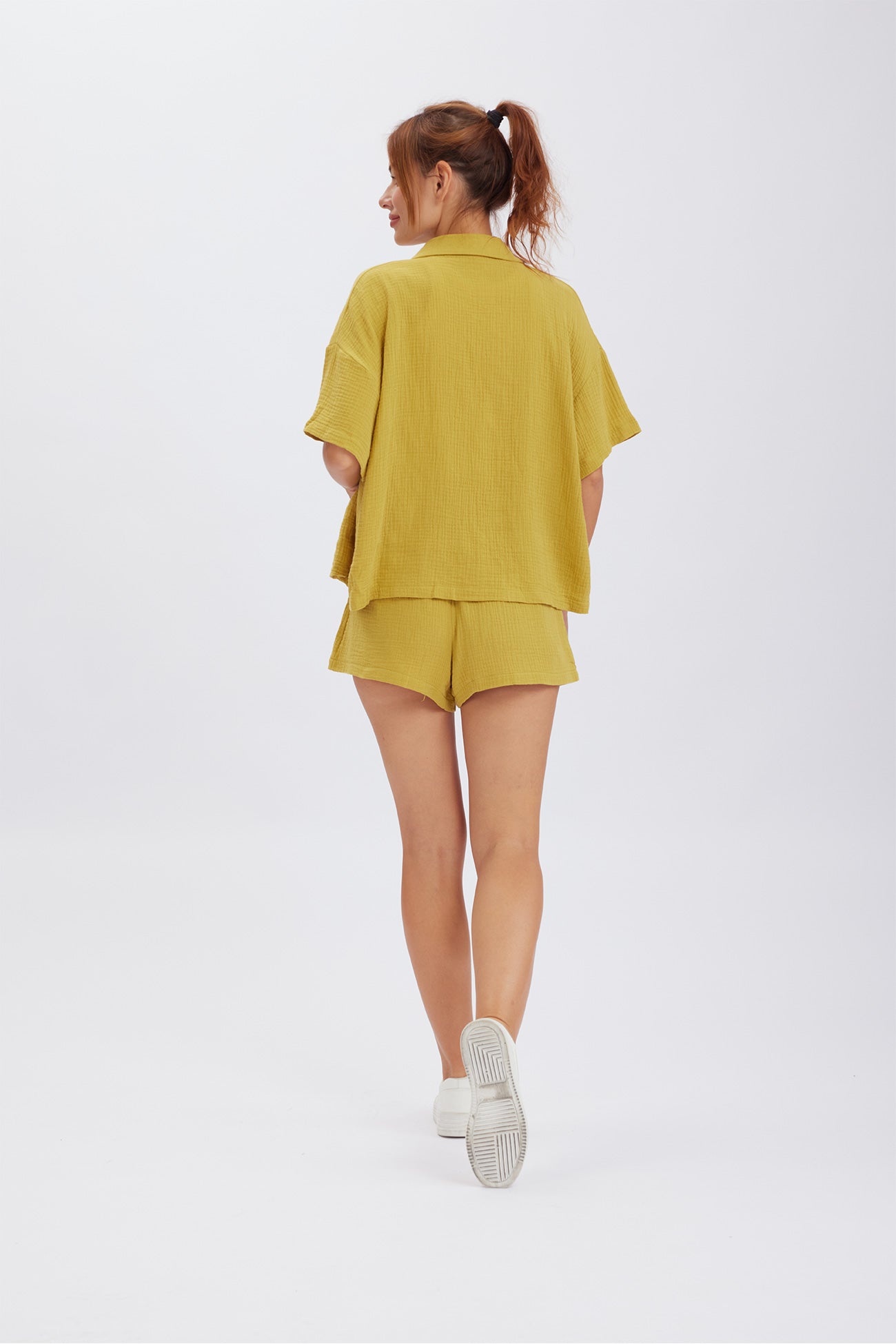 Solid Color Short Sleeve Shirt Cotton Two-piece Shorts Set