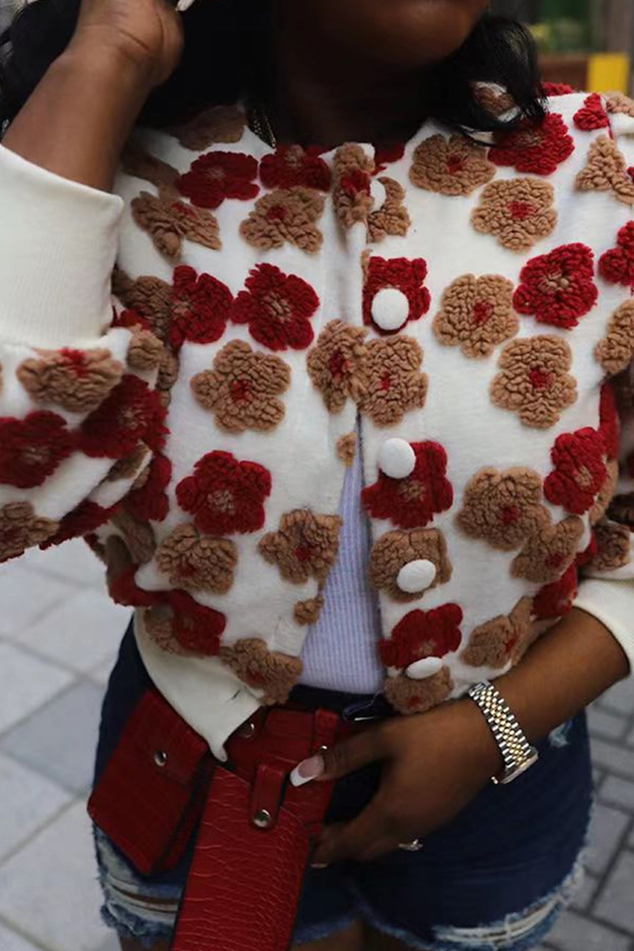 Puff Sleeve Floral Jacquard Cardigan