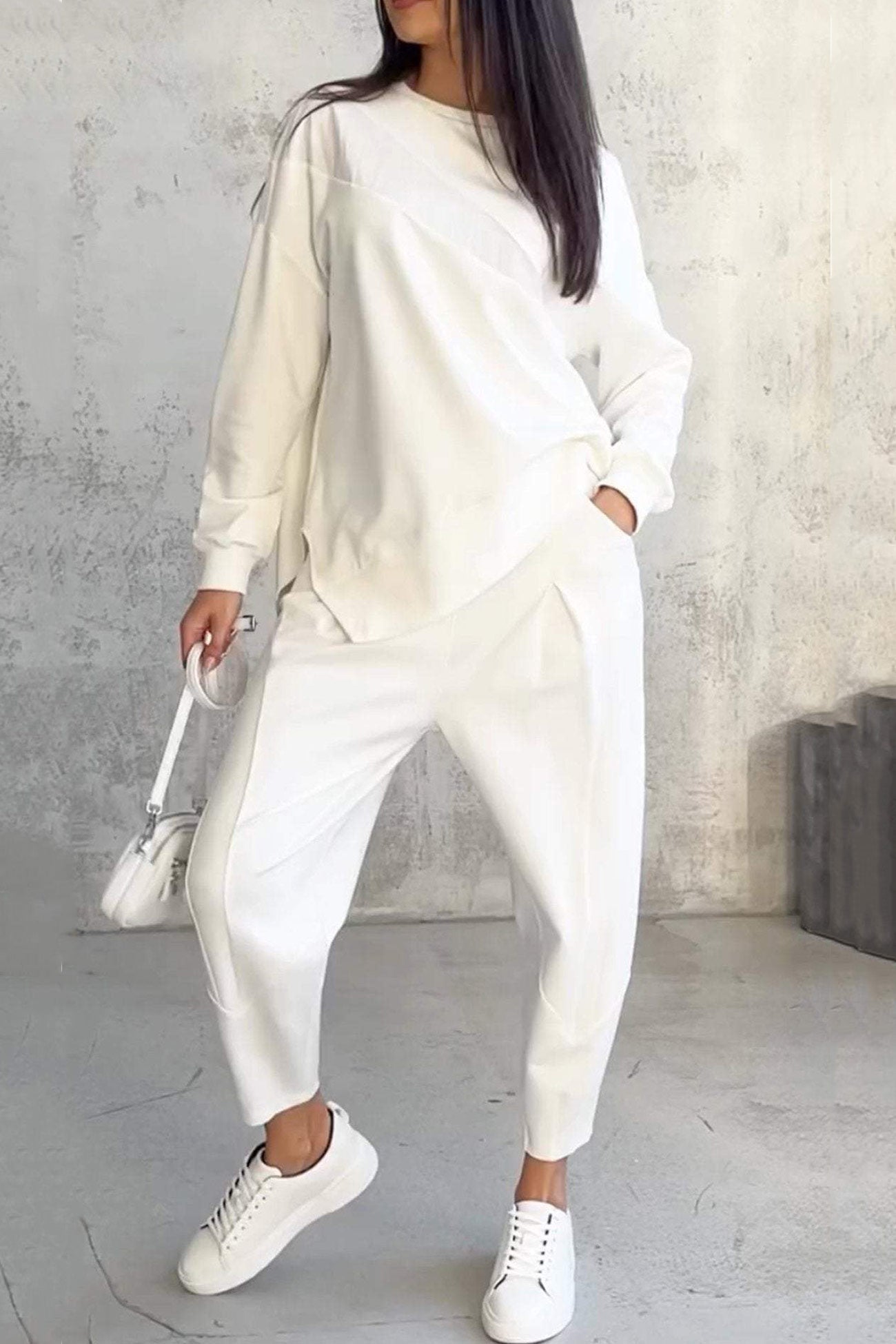 Crew Neck Irregular Hem Sweatshirt Suits