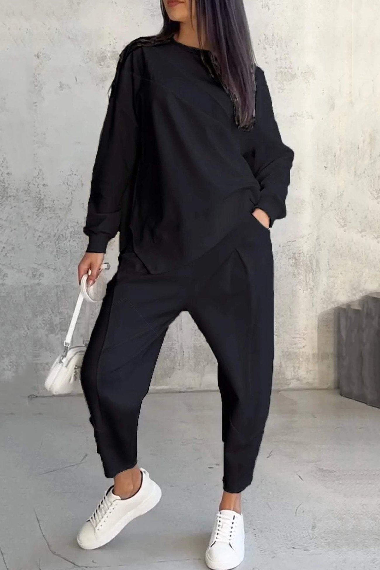 Crew Neck Irregular Hem Sweatshirt Suits