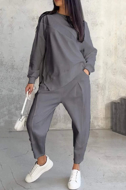 Crew Neck Irregular Hem Sweatshirt Suits