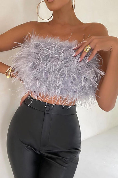 Solid Fuzzy Strapless Crop Top