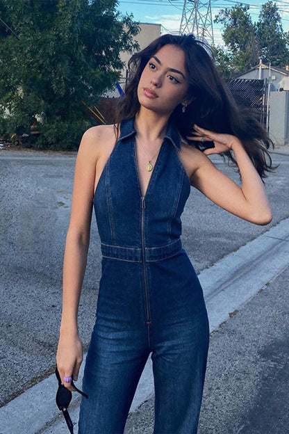 V Neck Sleeveless Denim Jumpsuits