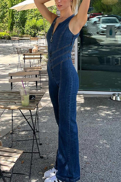 V Neck Zipper Cutout Sleeveless Denim Jumpsuits