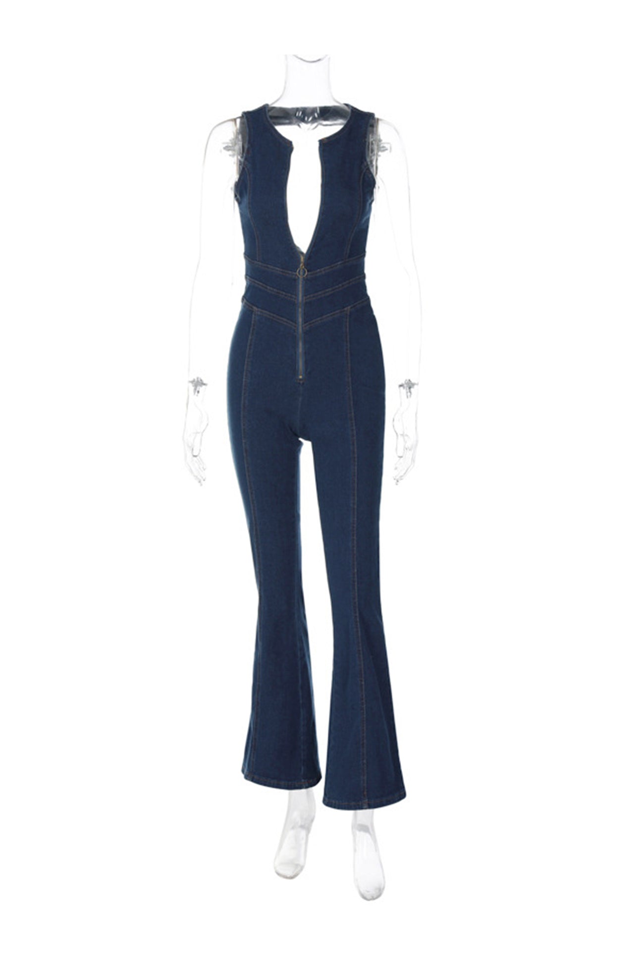 V Neck Zipper Cutout Sleeveless Denim Jumpsuits