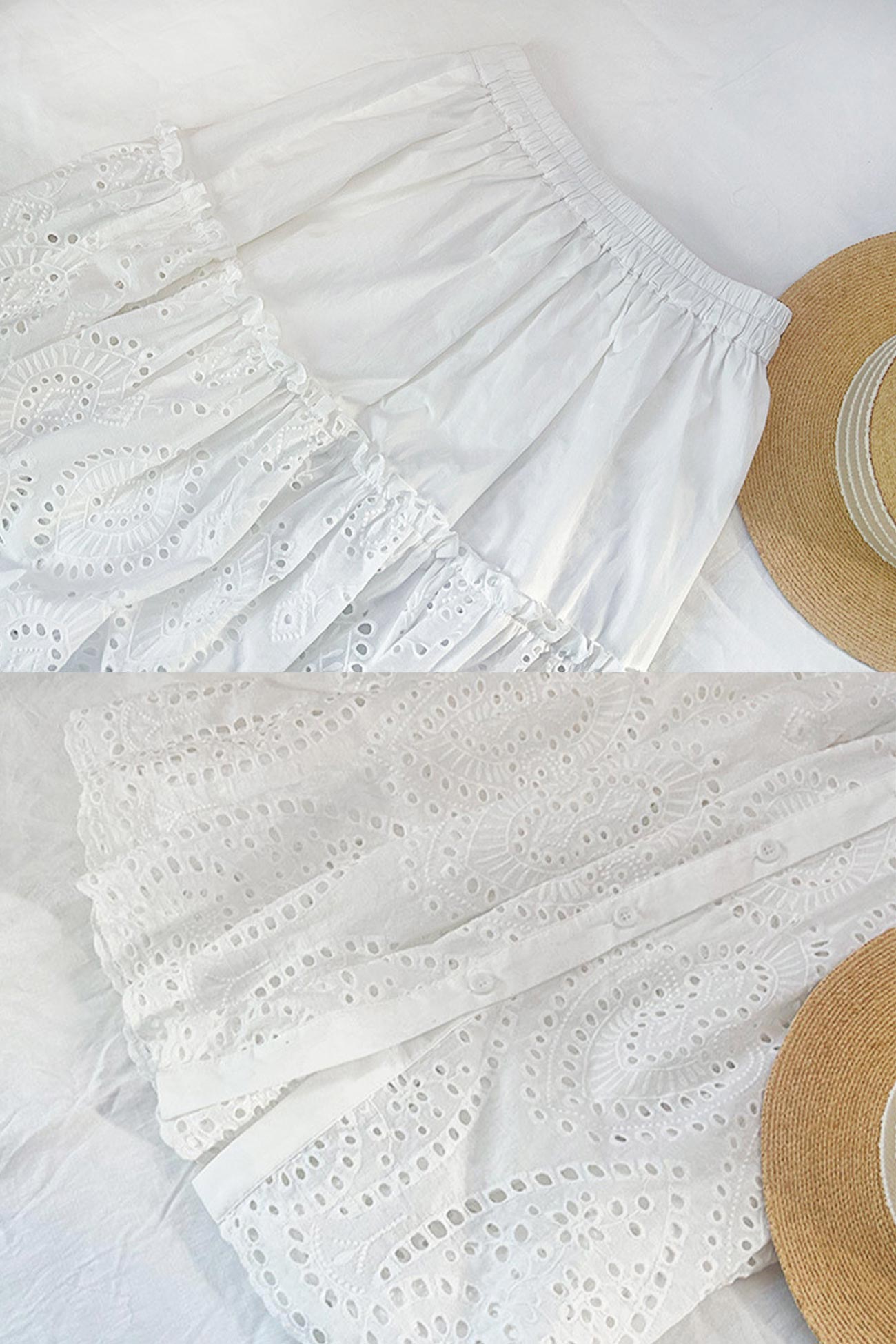 White Embroidered Lace Pleated Skirt